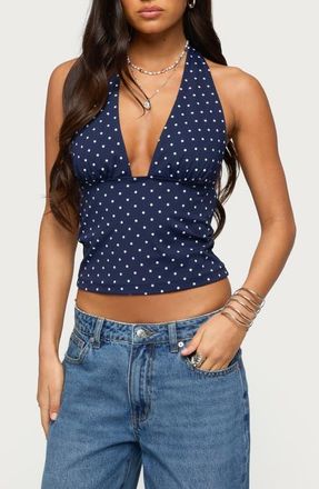 Edikted Blaire Polka Dot Halter Crop Top in Navy-And-White at Nordstrom, Size X-Small
