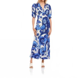Karen Kane Puff Sleeve Bias Dress In Print Blue