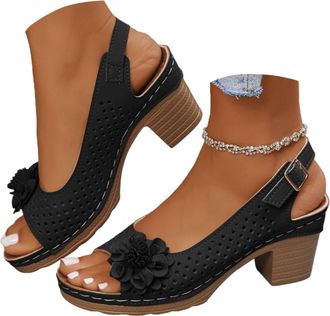 Generic Block Heel Sandals for Women Open Toe Ankle Strap Chunky High Heels Foral Sandals Casual Hollow Out Summer Dressy Sandal Slingback Chunky Block Heel D