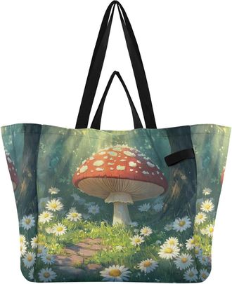 Generic Mushroom Flowers White print Reusable Canvas Tote Bag, Heavy Duty Grocery Shopping Bag with Large Capacity Double Handles Hard Bottom Work Groceries T