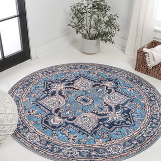 Jonathan Y Designs Cirali Ornate Large Medallion Machine-Washable Round Area Rug in Blue/beige at Nordstrom, Size 5Ft 0In X 5Ft 0In