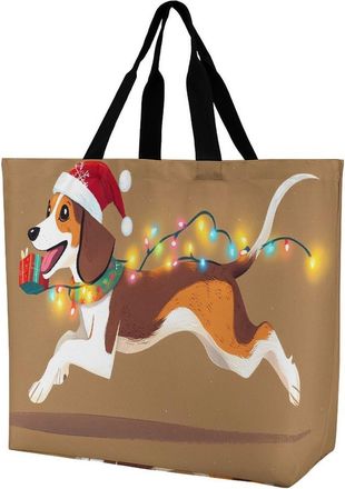 Generic Christmas Dachshund Reusable Shopping Bags Large Capacity Grocery Bag Heavy Duty Tote for Women 40x40x16cm