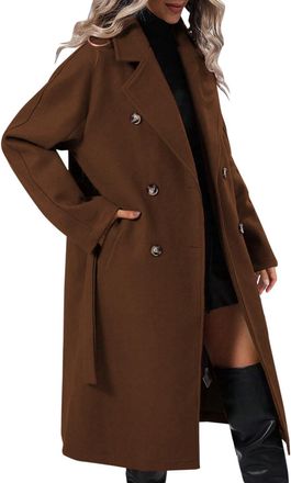 Generic Ladies Wool Coats Winter Notched Lapel Collar Double-Breasted Wool Blend Pea Coats Classic Belted Trench Coats Warm Windbreaker Long Woolen Overcoat W