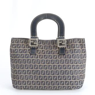 Fendi Zucchino Navy Leather Nylon Handbag Tote Bag (Pre-Owned)