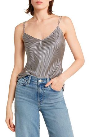 Frame Denim Stripe V-Neck Silk Camisole in Dark Navy Multi at Nordstrom, Size Large