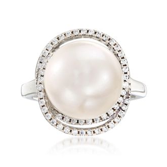 Ross-Simons Italian 12mm Cultured Pearl and. CZ Ring in Sterling Silver
