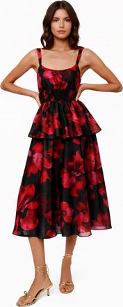 Hutch Desiree Peplum Midi Dress In Black / Red Floral