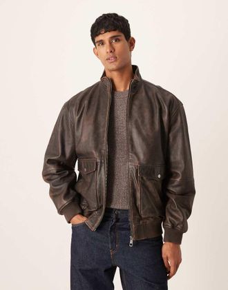 Asos Giacca bomber in vera pelle marrone effetto vintage