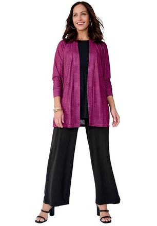 Jessica London Stretch Knit Open Front Knit Topper in Raspberry Mini Houndstooth at Nordstrom, Size Medium