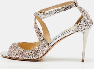 Jimmy Choo London Metallic Silver Coarse Glitter Emily Open Toe Sandals