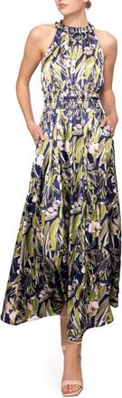 Melloday Print Ruffle Sleeveless Maxi Dress in Blue Green Leaf at Nordstrom, Size X-Large