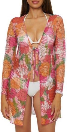 BECCA by Rebecca Virtue Tie Front Long Sleeve Sheer Mesh Cover-Up in Petal Mosa at Nordstrom Rack, Size Medium