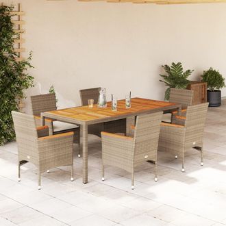 vidaXL Set De Comedor Jard&iacute;n 7 Pzas Con Cojines Rat&aacute;n Pe Acacia Beige Vidaxl