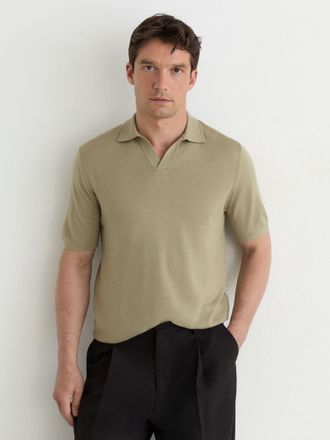 Reiss Soft Olive Green Merino Wool Open-collar Polo Shirt, Xxl