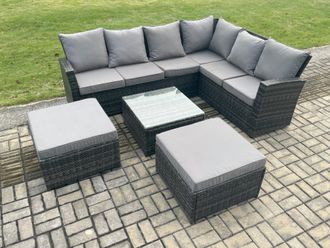 Fimous 8 Seater Wicker PE Outdoor Garden Furniture Set High Back Rattan Corner Sofa Set with 2 Big Footstool Square Coffee Table in Dark Grey