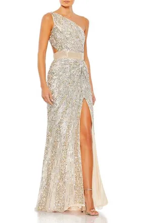Mac Duggal Sequined One Shoulder Draped Lace Up Gown in Nude Silver at Nordstrom, Size 12