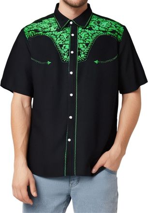 Generic Western Cowboy Shirts for Men 2025 Stylish Embroidered Rose 3D Printed Button Down Casual Dress Shirt Loose Comfy Short Sleeve Summer Vacation Tops