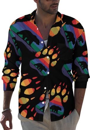 Generic LGBT Gay Rainbow Bear Paw Mens Hawaiian Shirts Long Sleeve Button Down Dress Shirt Beach Work T-Shirts 3XL