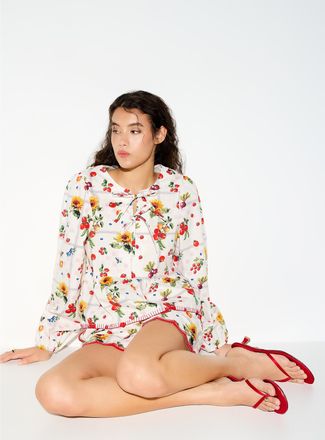 Icone Womens Peplum waist puff-sleeve poplin blouse