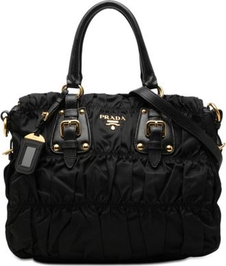 Prada Black Nylon Leather Shoulder Bag Tote Bag (Pre-Owned)