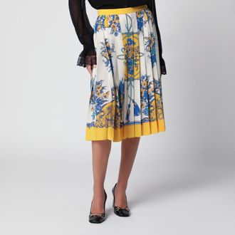 Gucci Pleated midi silk skirt with Flora print in yellow/ivory