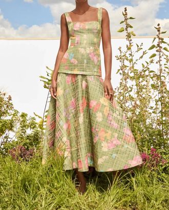 Lela Rose Floral Raffia Square Neck Dress In Cactus