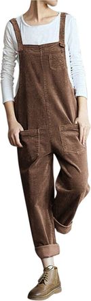 Generic Womens Casual Corduroy Jumpsuit Retro Sleeveless Bib Overalls Dungarees with Pockets Coffee