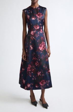 Erdem Floral Sleeveless Duchesse Satin Midi Dress in Fonteyn Rose Ink at Nordstrom, Size 14