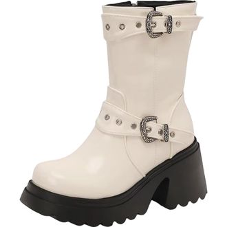 Generic Womens Mid Calf Boots Round Toe Super High Stout Heel Platform With Functional Side Zipper And Belt Clip Details