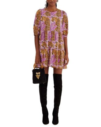 Farm Rio Tiger Leaves Lavender Puff Sleeve Mini Dress