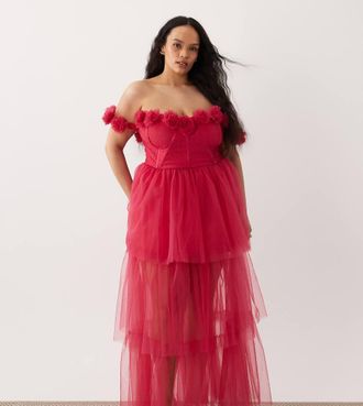 Lace & Beads Plus Vestito lungo stile corsetto in tulle color lampone con scollo alla Bardot e dettagli floreali-Marrone