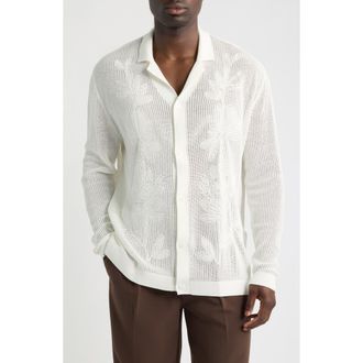 CH&Eacute; Studios Feriando Long Sleeve Floral Cotton Knit Camp Shirt in Ivory-10 at Nordstrom, Size X-Large