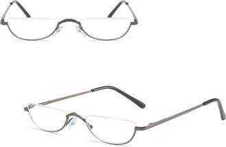 Generic Half Frame Reading Glasses Spring Hinges For Men Women Metal Slim Moon Lens Readers Metal Semi Rimless Eyewear With Glasses Holster(Gray,4)