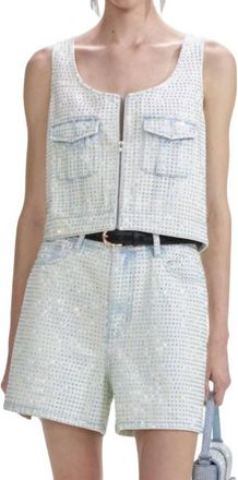 Self Portrait Rhinestone Denim Cargo Top In Light Blue