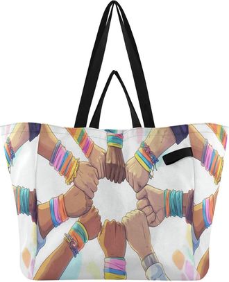 Generic Fists Rainbow print Reusable Canvas Tote Bag, Heavy Duty Grocery Shopping Bag with Hard Bottom Double Handles Large Capacity Work Groceries Travel