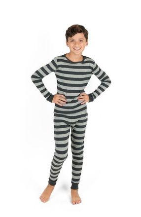Leveret Two-Piece Printed Cotton Pajamas, Stripes, Animals & Characters in Striped Dark Gray & Light Gray at Nordstrom, Size 18-24M