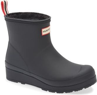 Hunter Play Short Faux Shearling Lined Waterproof Rain Boot in Black at Nordstrom, Size 10