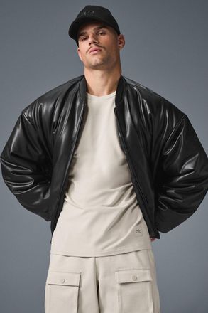 Alo | Faux Leather Premier Bomber Jacket in Black, Size: Medium