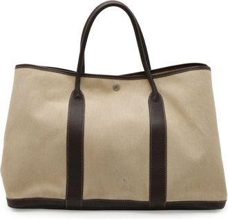 Herm&egrave;s Beige Dark Brown Toile H Leather Handbag Tote Bag (Pre-Owned)