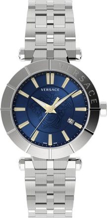 Versace V-Race Roestvrij Staal Blauw Wijzerplaat Horloge - Heren - Horloges - Grijs - ONE Size - Accessoires