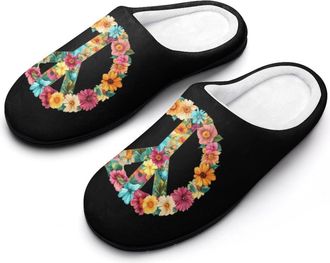 Generic Peace Sign Colorful Flowers Fashion Cotton Slippers for Women Memory Foam House Slippers Non-Slip House Bedroom Shoes