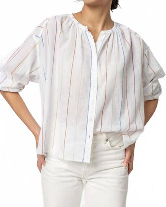 Lilla P Bracelet Sleeve Shirred Blouse In Multi Stripe