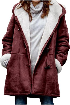 Generic Lined Jacket Women Casual Plus Size Fuzzy Fleece Jackets, Hooded Parka Faux Suede Pea Coat Outerwear (Burgundy,3XL)