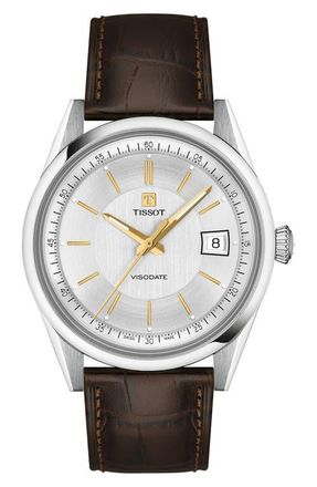 Tissot Visodate Leather Strap Watch, 39mm in Silver at Nordstrom