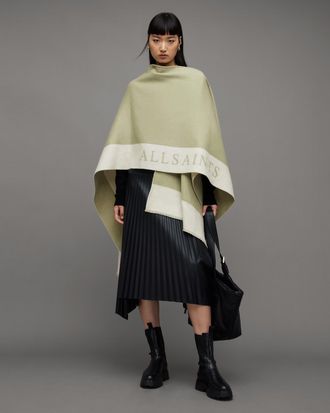 AllSaints Womens Wool Saints Border Logo Wool Ruana Scarf, Size: One Size