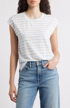 Wit & Wisdom Stripe Linen Blend T-Shirt in Chambray Blue/Off White at Nordstrom, Size X-Large
