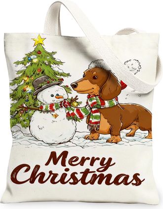 Generic Christmas Dog Canvas Tote Bags, Holiday Snow man Design Reusable Grocery Bags, Winter Vintage Lightweight Washable Shoulder, White, 13x15 Inch