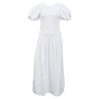 Ganni Ganni Smocked Poplin Midi Dress in White Organic Cotton
