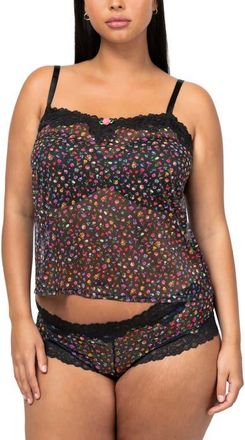 Curvy Couture Floral Sheer Lace Trim Camisole & Boyshorts Set in Meadow Dream at Nordstrom, Size Xx-Large