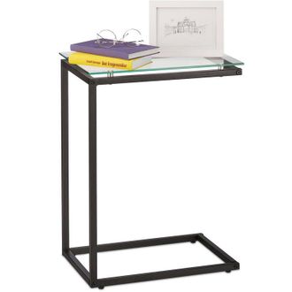 Relaxdays Relaxdays - Side Table, C-shape, Industrial Design, h x w x d: approx. 61 x 30 x 45 cm, Glass & Metal, Black